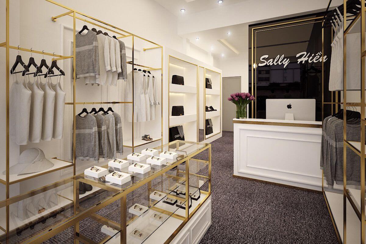 Nội thất shop bao gồm tất cả các yếu tố thẩm mỹ như kệ bài trí, sơn tường, gạch ốp…