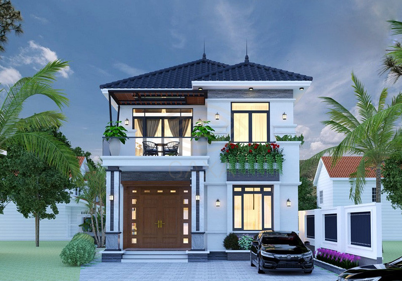 mẫu thiết kế mặt tiền nhà 2 tầng mái Nhật đình đám 2023