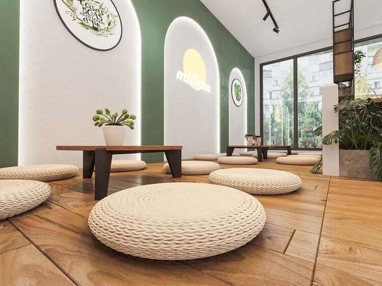 trang trí quán trà sữa ngồi bệt Pendecor