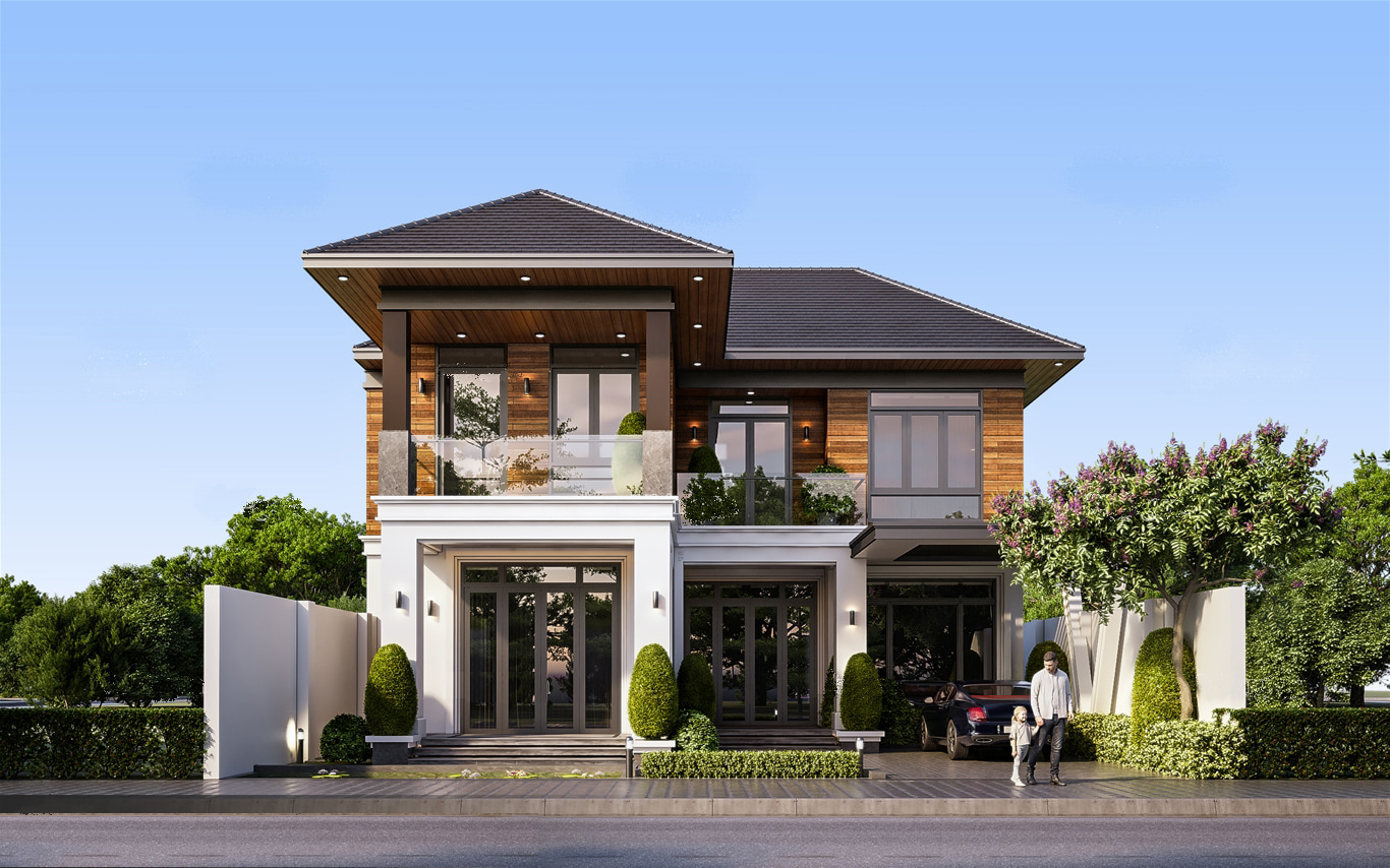 mặt tiền nhà mái nhật 2 tầng
